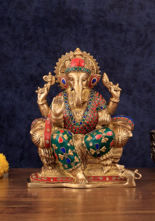 Brass Ganesha Idol with Meenakari Stonework | 10" Height | 100% Certified Copper & Brass - Sama Homes Idol - Brass Sculpture