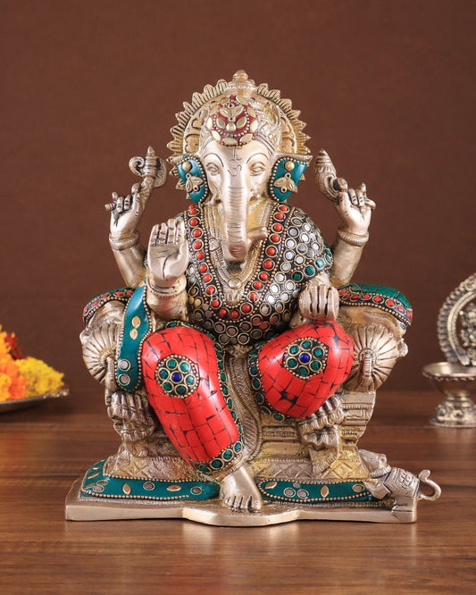 Brass Ganesha Idol with Meenakari Stonework | 10" Height | 100% Certified Copper & Brass - Sama Homes Idol - Brass Sculpture