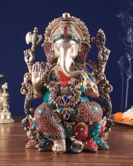 Brass Ganesha Idol with Meenakari Stonework - 12" | 100% Certified Copper & Brass - Sama Homes Idol - Brass Sculpture