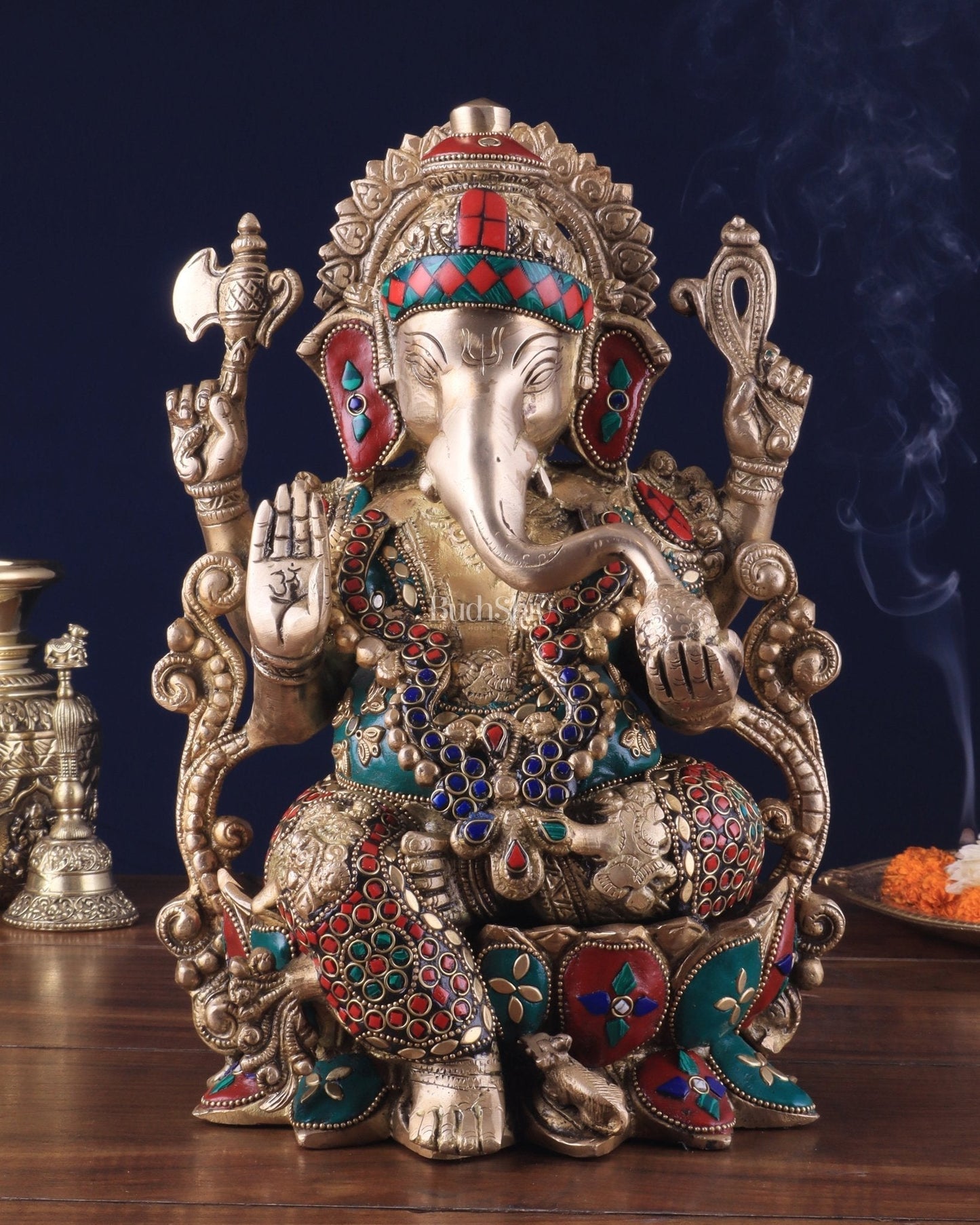 Brass Ganesha Idol with Meenakari Stonework - 12" | 100% Certified Copper & Brass - Sama Homes Idol - Brass Sculpture