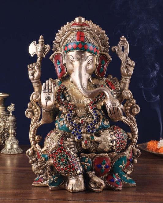 Brass Ganesha Idol with Meenakari Stonework - 12" | 100% Certified Copper & Brass - Sama Homes Idol - Brass Sculpture