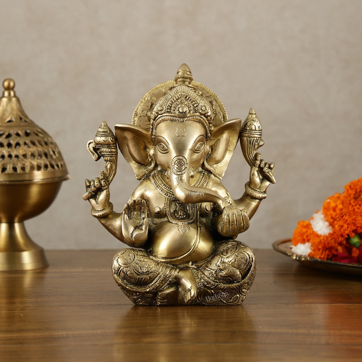 Brass Ganesha Idol with Sharp Features - 8 Inch | 100% Certified Copper & Brass - Sama Homes Idol - Brass Sculpture