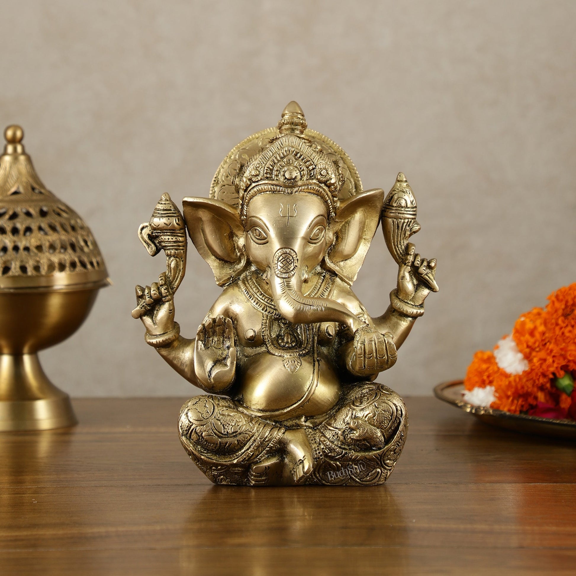 Brass Ganesha Idol with Sharp Features - 8 Inch | 100% Certified Copper & Brass - Sama Homes Idol - Brass Sculpture - Eco-friendly - Sama Homes