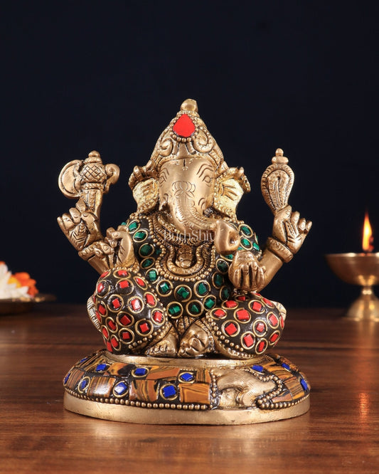 Brass Ganesha Idol with Stonework – 5" x 3" x 2" | Auspicious & Artistic Decor | 100% Certified Copper & Brass - Sama Homes Idol - Brass Sculpture