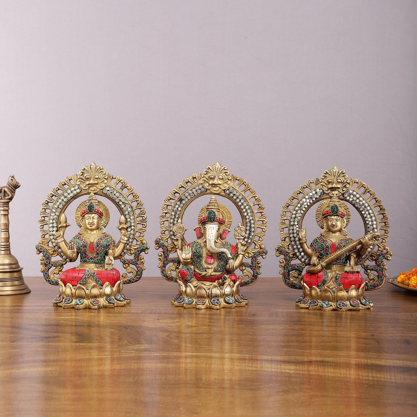 Brass Ganesha, Lakshmi, and Saraswati Idols with Meenakari Stonework 9.5" | 100% Certified Copper & Brass - Sama Homes Idol - Brass Sculpture
