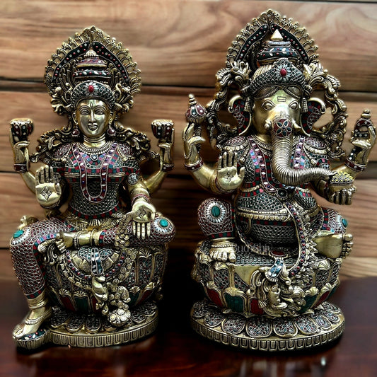 Brass Ganesha Lakshmi Large idols 26" | 100% Certified Copper & Brass - Sama Homes Idol - Brass Sculpture