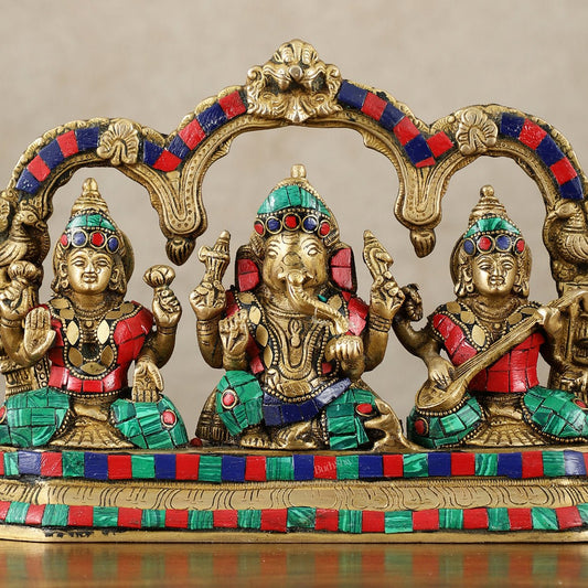 Brass Ganesha Lakshmi Saraswati Idol Set 7 inch with Meenakari Stonework | 100% Certified Copper & Brass - Sama Homes Idol - Brass Sculpture
