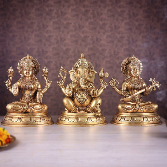 Brass Ganesha Lakshmi Saraswati idols Set 14" | 100% Certified Copper & Brass - Sama Homes Idol - Brass Sculpture