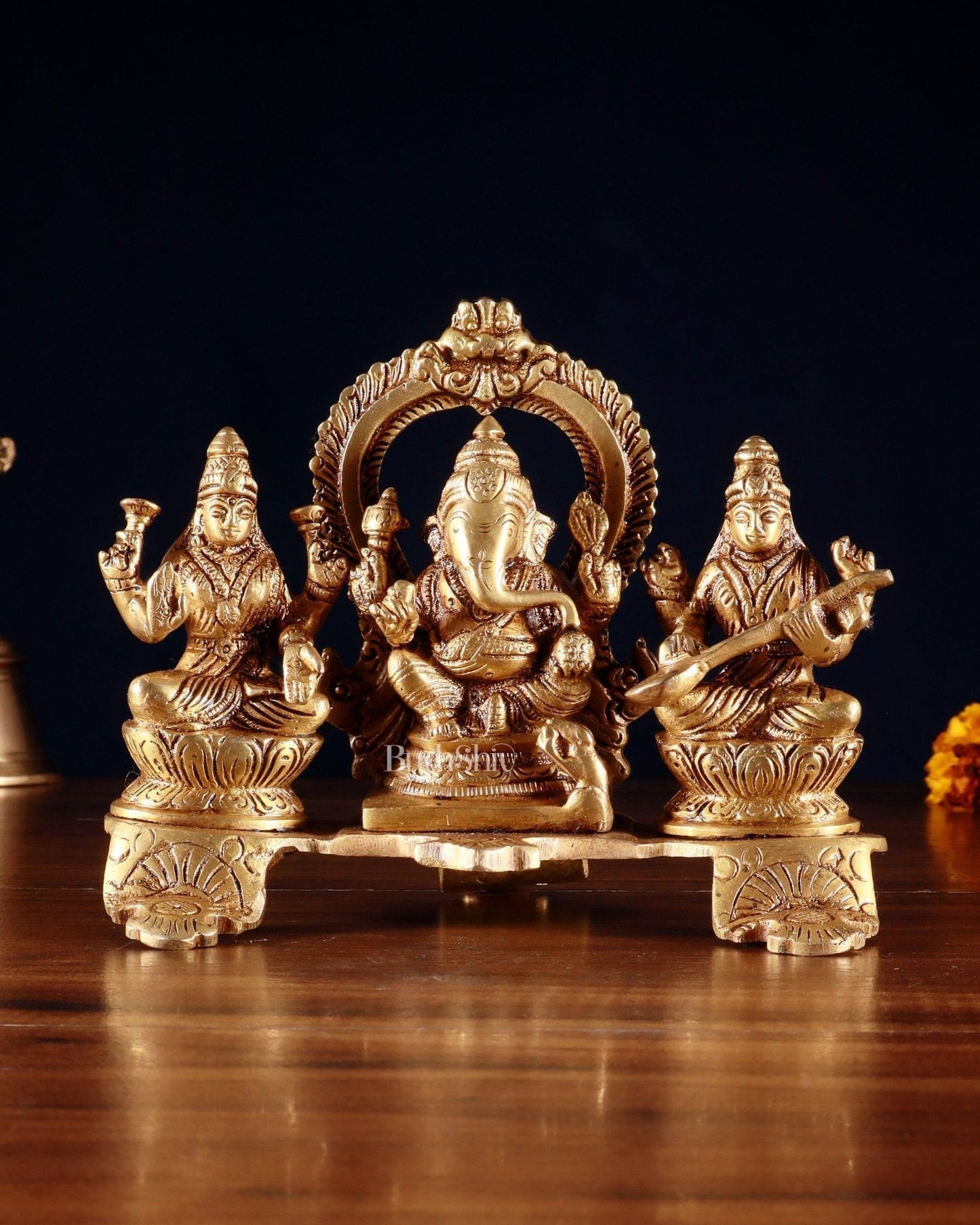 Brass Ganesha Lakshmi Saraswati Panel Idol – 5.5” | 100% Certified Copper & Brass - Sama Homes Idol - Brass Sculpture