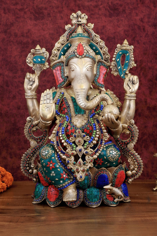 Brass Ganesha large idol 21" Tall with Intricate Stonework | 100% Certified Copper & Brass - Sama Homes Idol - Brass Sculpture