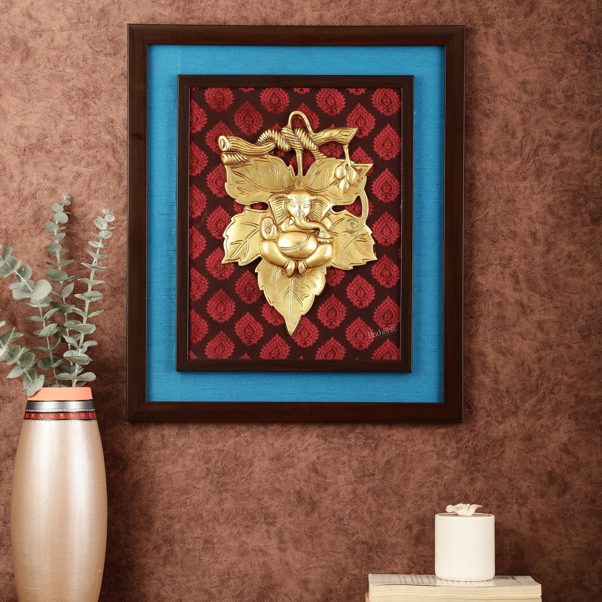 Brass Ganesha Mural on Wooden Frame with Premium Fabric - 18.5" x 16" | 100% Certified Copper & Brass - Sama Homes Idol - Brass Sculpture - Eco-friendly - Sama Homes