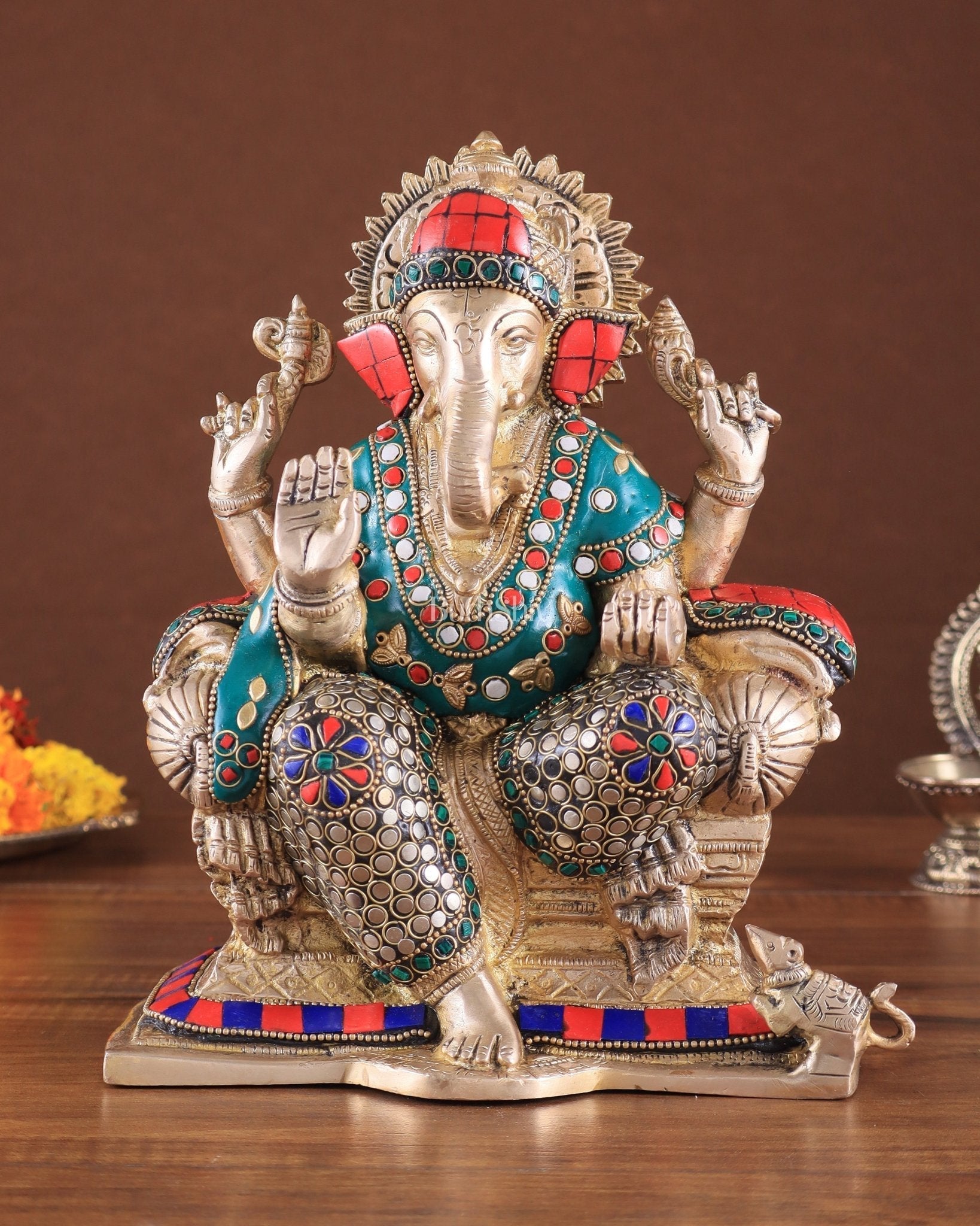 Brass Ganesha on a sofa embossed idol 10 inch | 100% Certified Copper & Brass - Sama Homes Idol - Brass Sculpture - Eco-friendly - Sama Homes