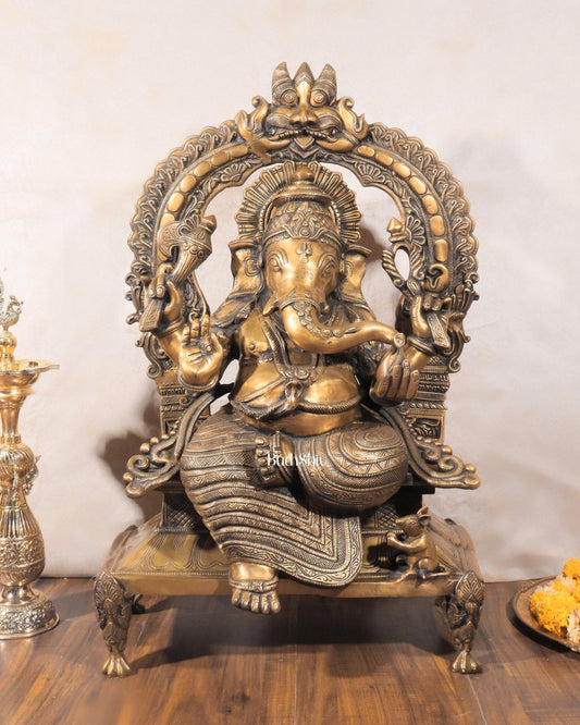 Brass Ganesha on King Size Throne Large statue - 28" | 100% Certified Copper & Brass - Sama Homes Idol - Brass Sculpture