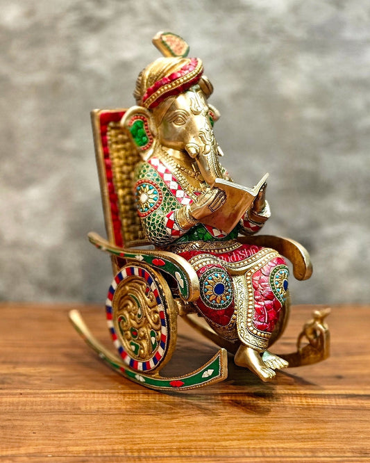 Brass Ganesha on Rocking Chair 17" | 100% Certified Copper & Brass - Sama Homes Idol - Brass Sculpture