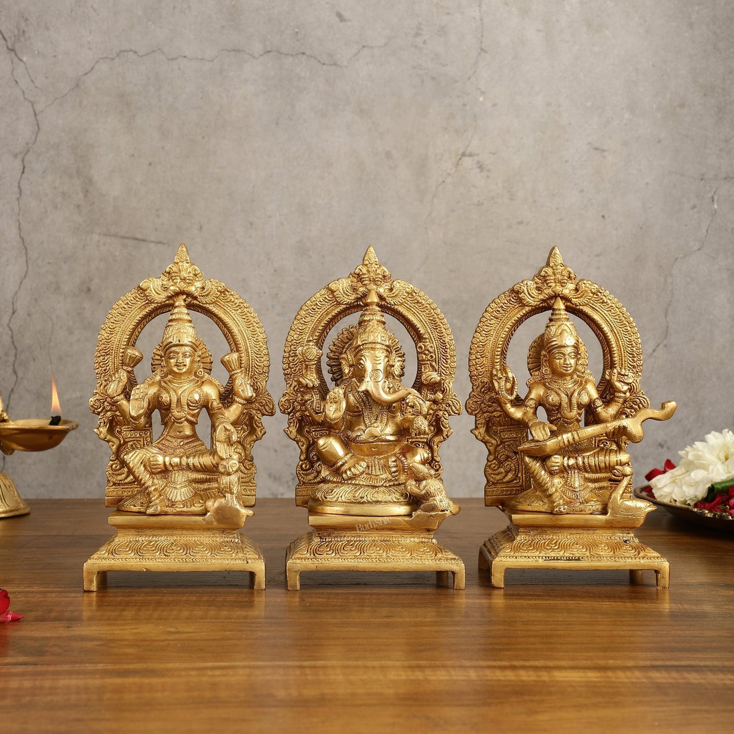 Brass Ganesha, Saraswati, Lakshmi 7.5" | 100% Certified Copper & Brass - Sama Homes Idol - Brass Sculpture