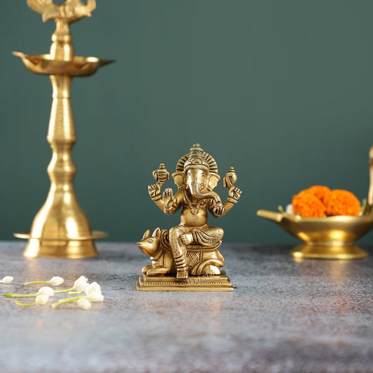 Brass Ganesha sitting on mouse idol 5" | 100% Certified Copper & Brass - Sama Homes Idol - Brass Sculpture