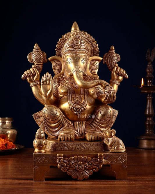 Brass Ganesha Statue  – 16.5 Inch | 100% Certified Copper & Brass - Sama Homes Idol - Brass Sculpture