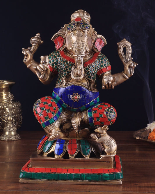 Brass Ganesha Statue - Divine Chola art 12" Right side trunk Multicolour | 100% Certified Copper & Brass - Sama Homes Idol - Brass Sculpture