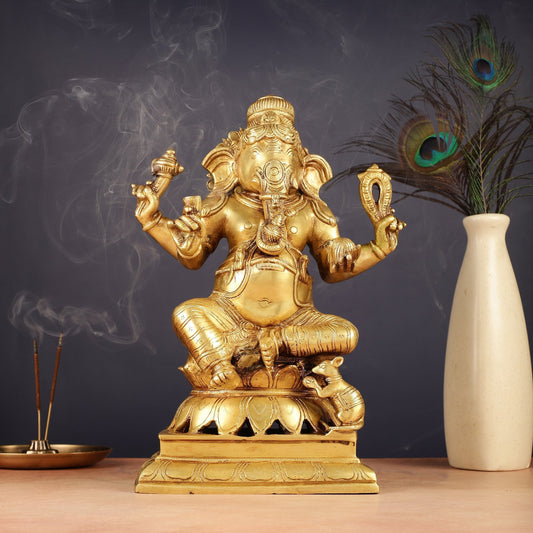 Brass Ganesha Statue - Divine Chola art 12" Right side trunk | 100% Certified Copper & Brass - Sama Homes Idol - Brass Sculpture