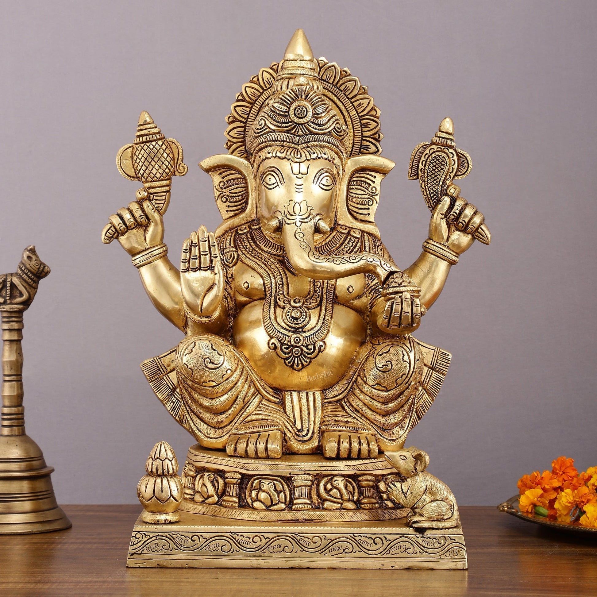 Brass Ganesha Statue with Ashtavinayak Carvings – 15 Inch | 100% Certified Copper & Brass - Sama Homes Idol - Brass Sculpture - Eco-friendly - Sama Homes