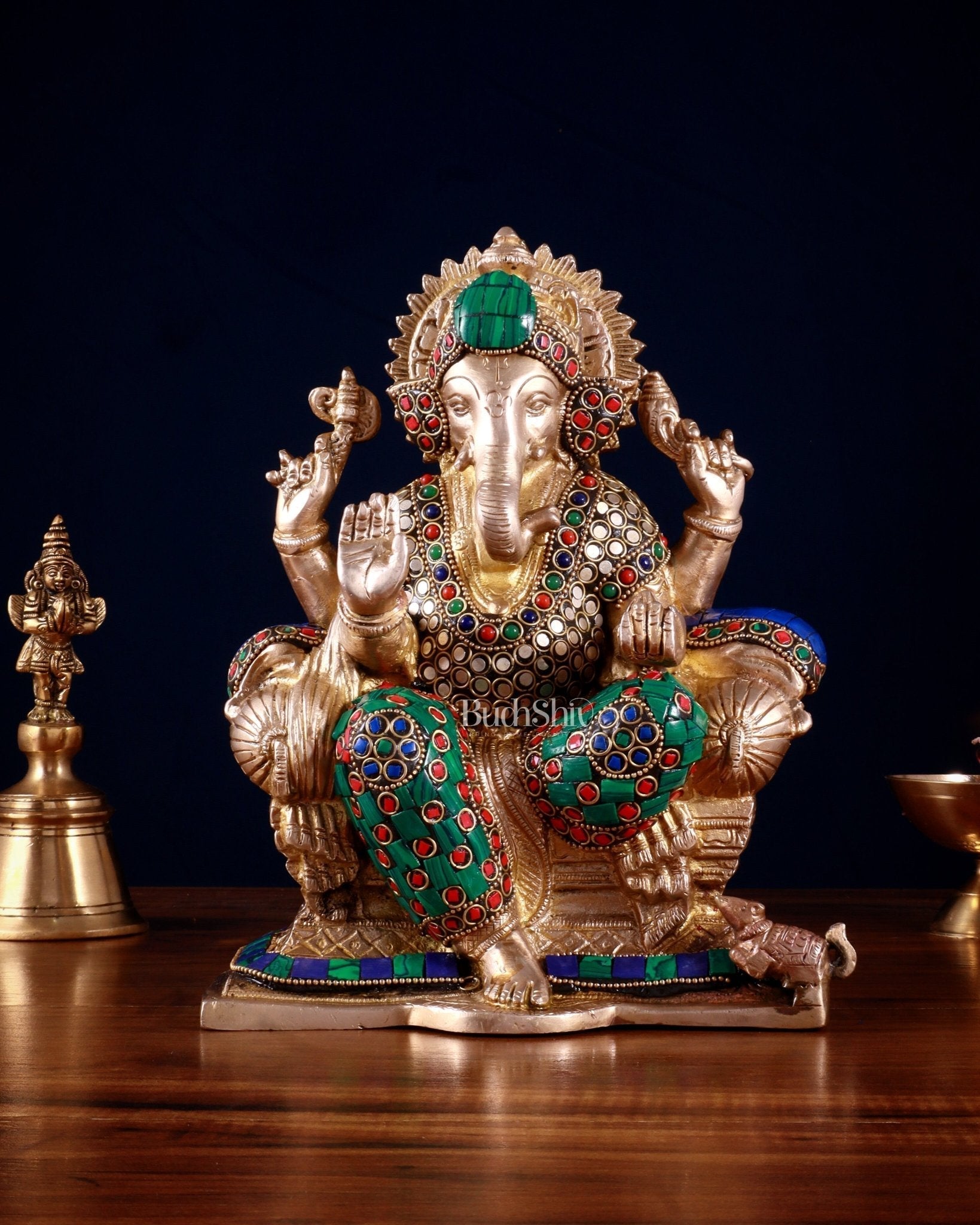 Brass Ganesha statue with Meenakari Stonework | 10" Height | 100% Certified Copper & Brass - Sama Homes Idol - Brass Sculpture - Eco-friendly - Sama Homes