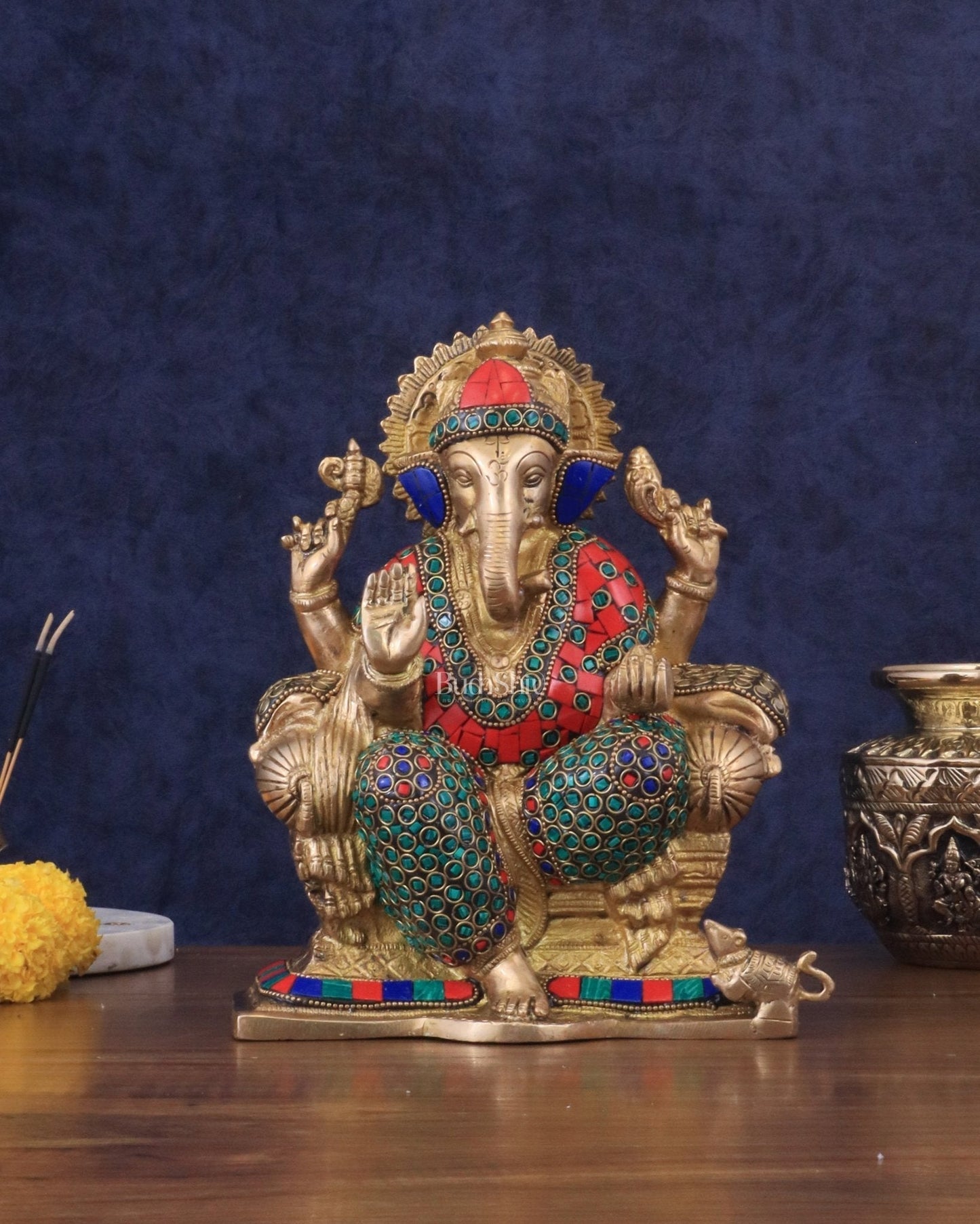 Brass Ganesha statue with Meenakari Stonework | 10" Height | 100% Certified Copper & Brass - Sama Homes Idol - Brass Sculpture