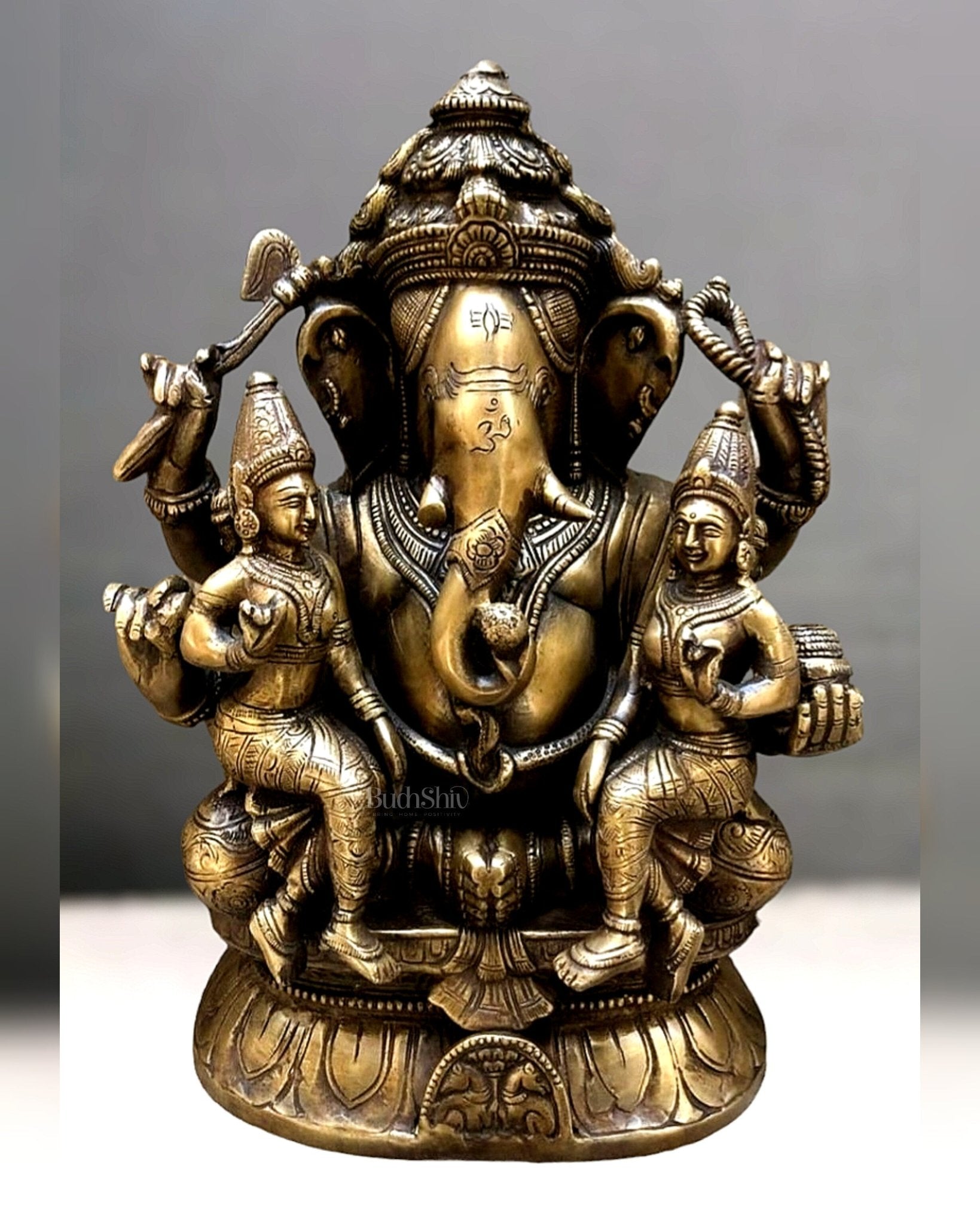 Brass Ganesha with Wives Riddhi and Siddhi - 12 Inch | 100% Certified Copper & Brass - Sama Homes Idol - Brass Sculpture - Eco-friendly - Sama Homes