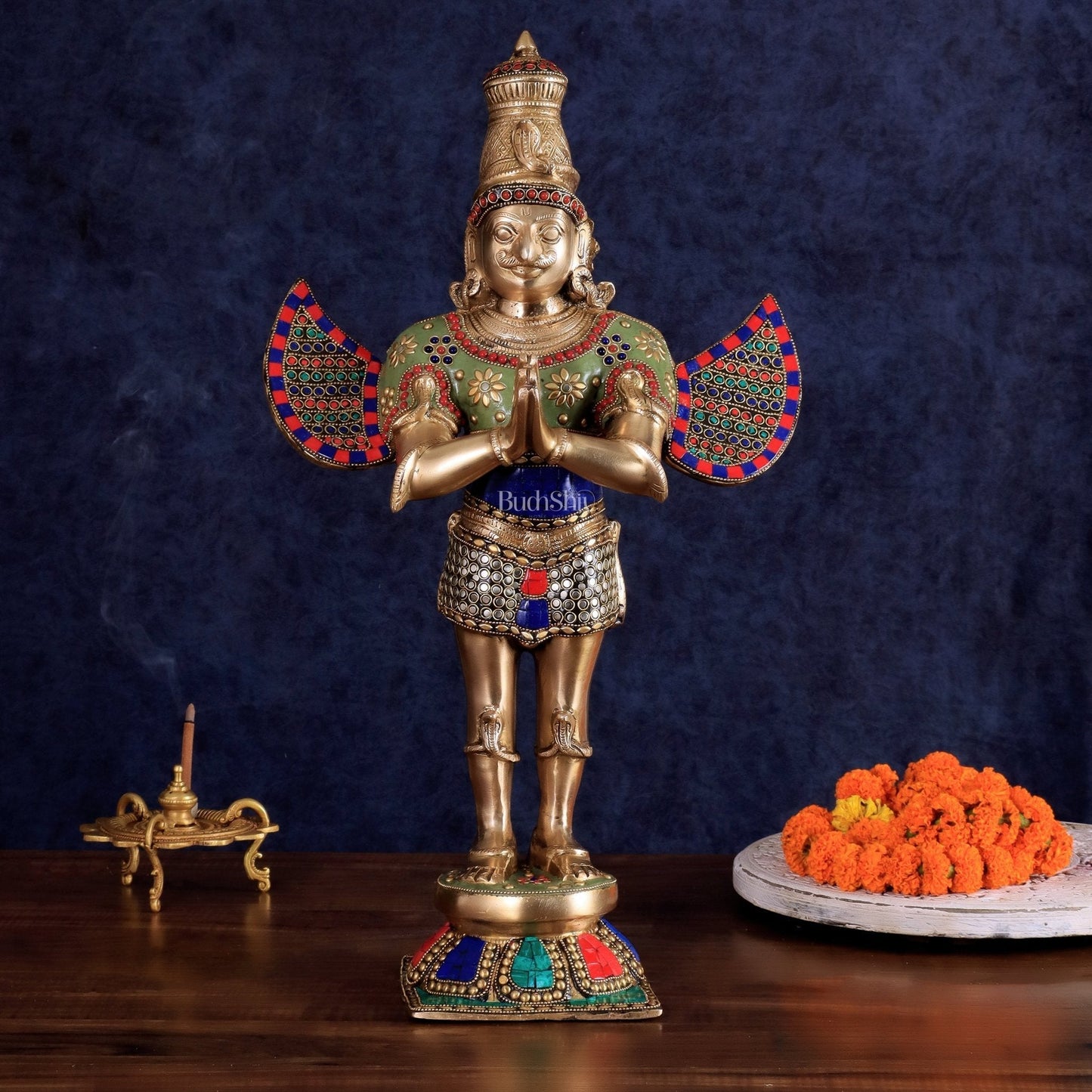 Brass Garuda idol with Meenakari , 22" Tall, | 100% Certified Copper & Brass - Sama Homes Idol - Brass Sculpture