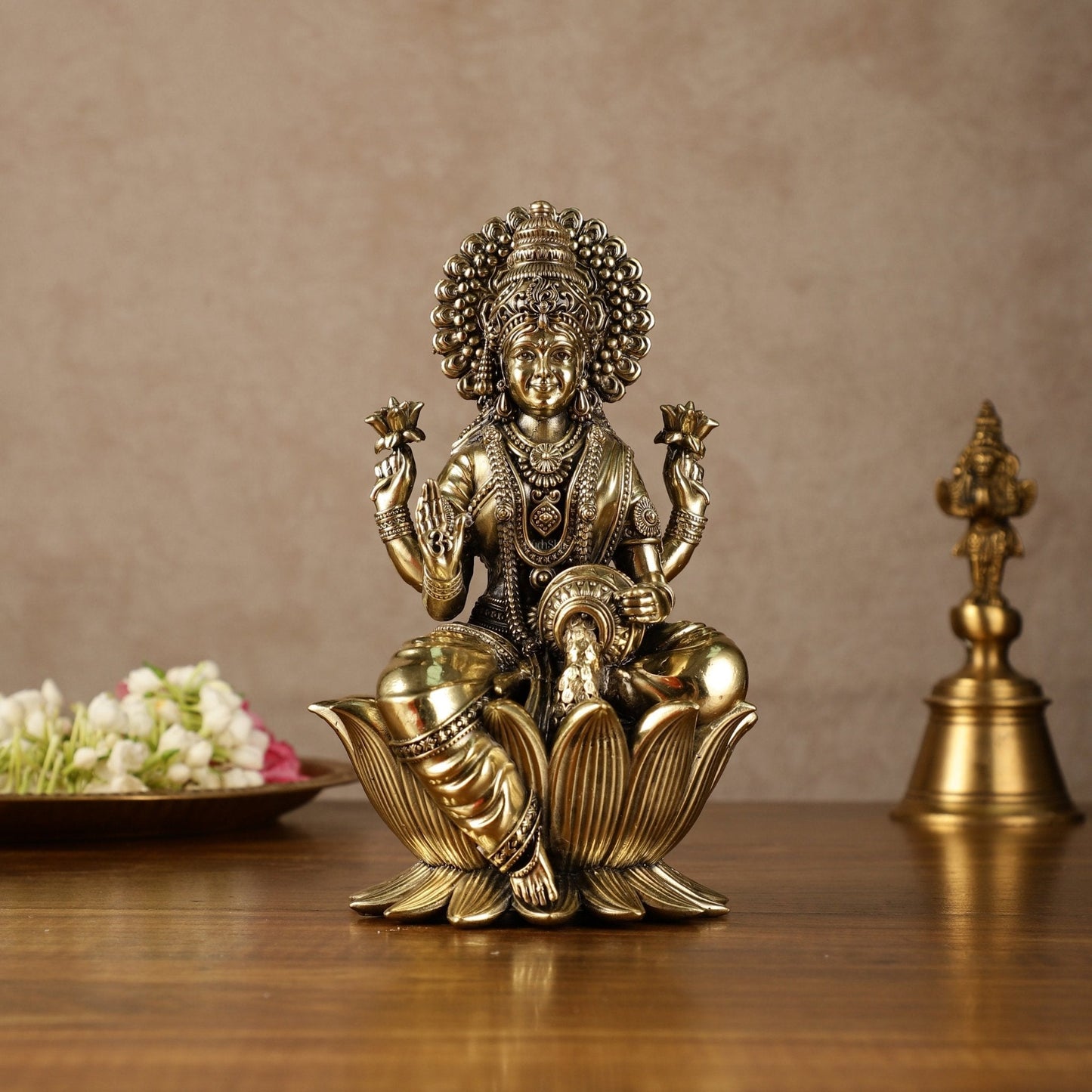 Brass Goddess Dhan Lakshmi on Lotus Idol - 7.5 Inch | 100% Certified Copper & Brass - Sama Homes Idol - Brass Sculpture