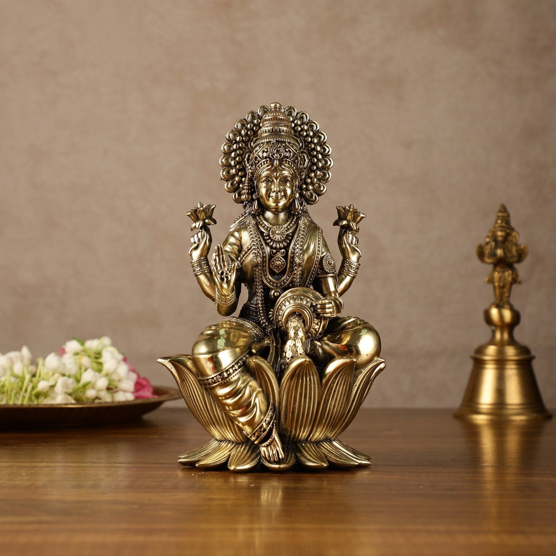 Brass Goddess Dhan Lakshmi on Lotus Idol - 7.5 Inch | 100% Certified Copper & Brass - Sama Homes Idol - Brass Sculpture - Eco-friendly - Sama Homes