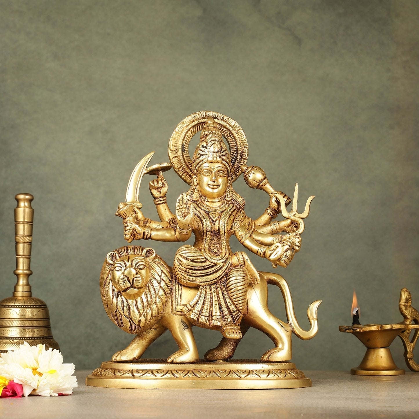 Brass Goddess Durga sherawali ma idol 9.5 inch | 100% Certified Copper & Brass - Sama Homes Idol - Brass Sculpture