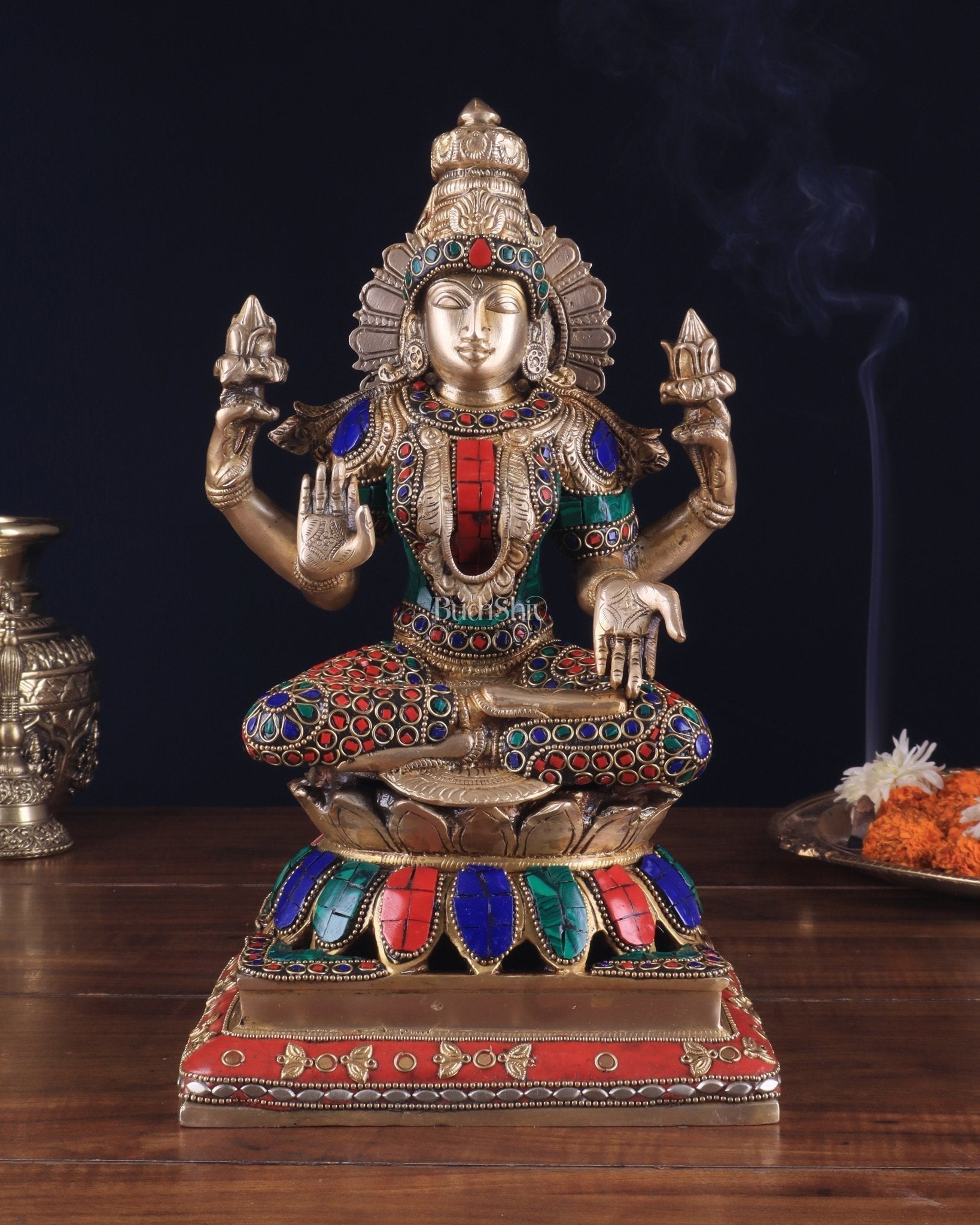 Brass Goddess Lakshmi Statue 12" meenakari Stonework | 100% Certified Copper & Brass - Sama Homes Idol - Brass Sculpture - Eco-friendly - Sama Homes