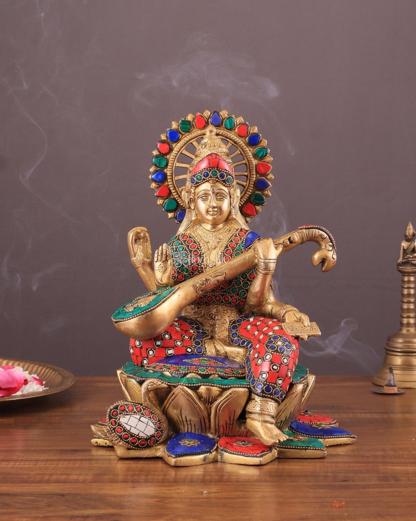 Brass Goddess Saraswati Sitting on Lotus with Swan | 11 Inch meenakari | 100% Certified Copper & Brass - Sama Homes Idol - Brass Sculpture - Eco-friendly - Sama Homes