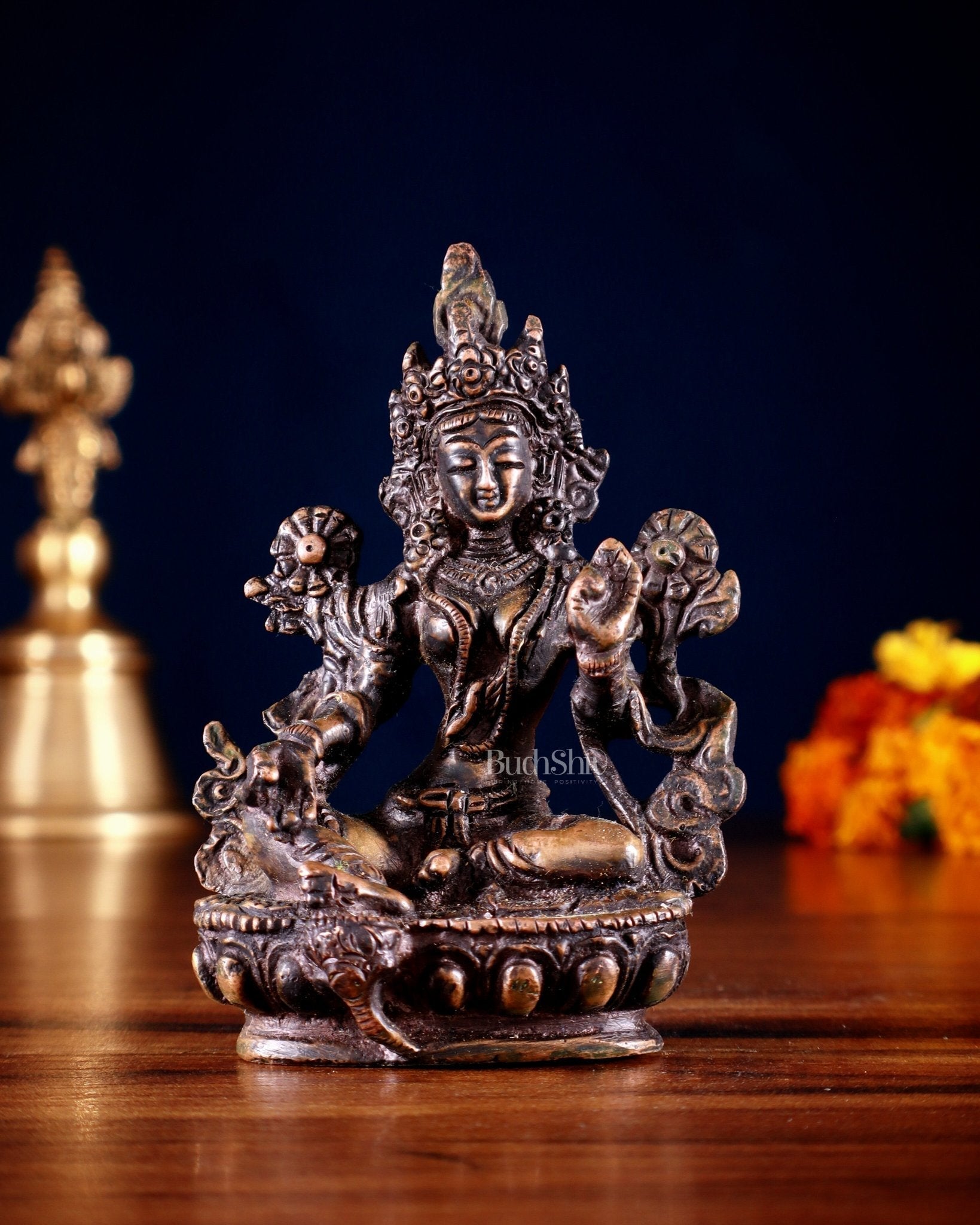 Brass Green tara devi statue 3" Burnt chocolate tone | 100% Certified Copper & Brass - Sama Homes Idol - Brass Sculpture - Eco-friendly - Sama Homes