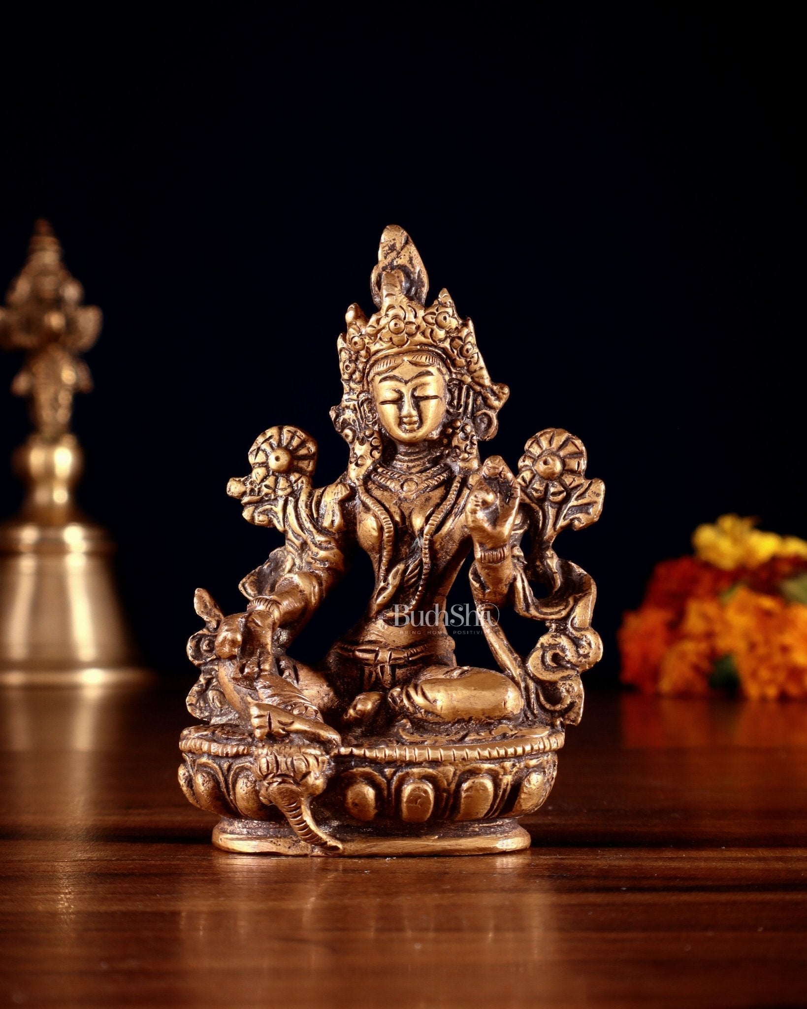 Brass Green tara devi statue 3" Butter gold | 100% Certified Copper & Brass - Sama Homes Idol - Brass Sculpture - Eco-friendly - Sama Homes