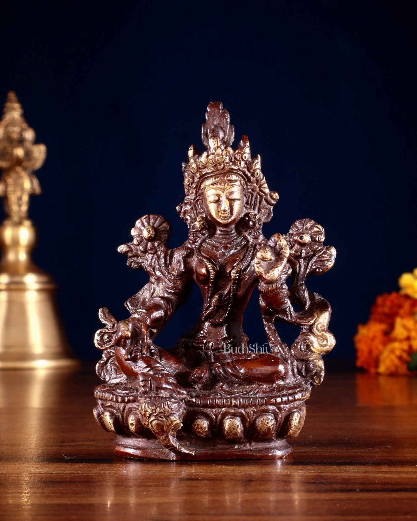 Brass Green tara devi statue 3" double chola tone | 100% Certified Copper & Brass - Sama Homes Idol - Brass Sculpture