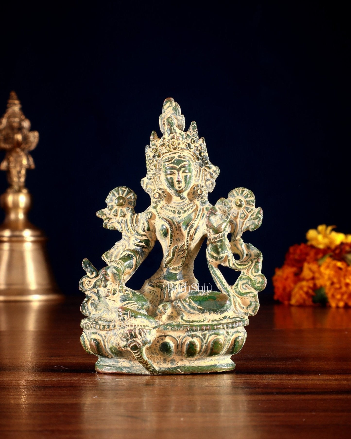 Brass Green tara devi statue 3" green sand finish | 100% Certified Copper & Brass - Sama Homes Idol - Brass Sculpture