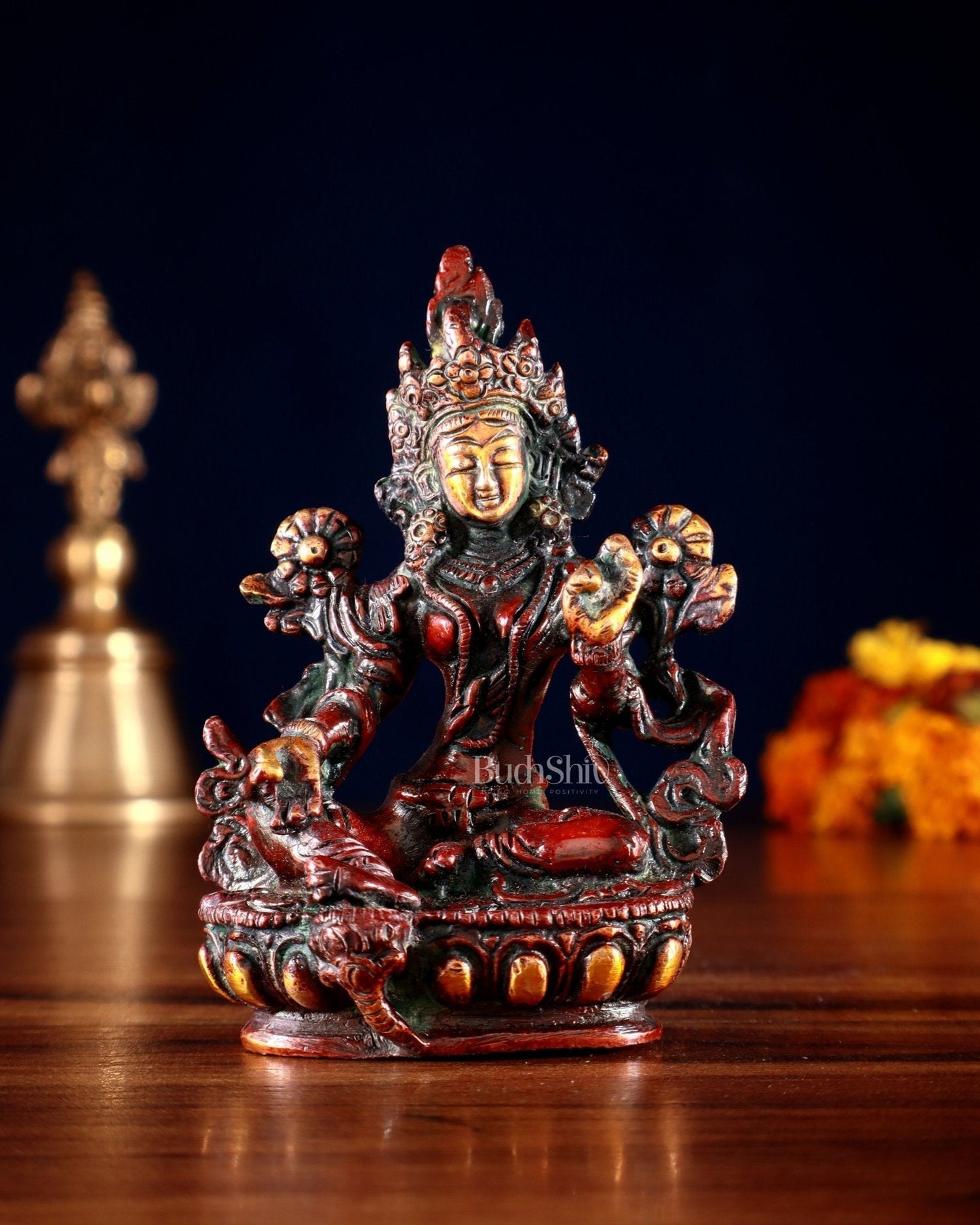 Brass Green tara devi statue 3" orange red fusion | 100% Certified Copper & Brass - Sama Homes Idol - Brass Sculpture
