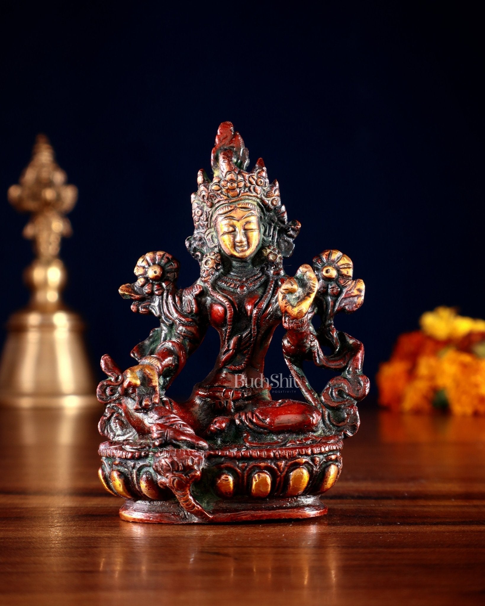 Brass Green tara devi statue 3" orange red fusion | 100% Certified Copper & Brass - Sama Homes Idol - Brass Sculpture - Eco-friendly - Sama Homes