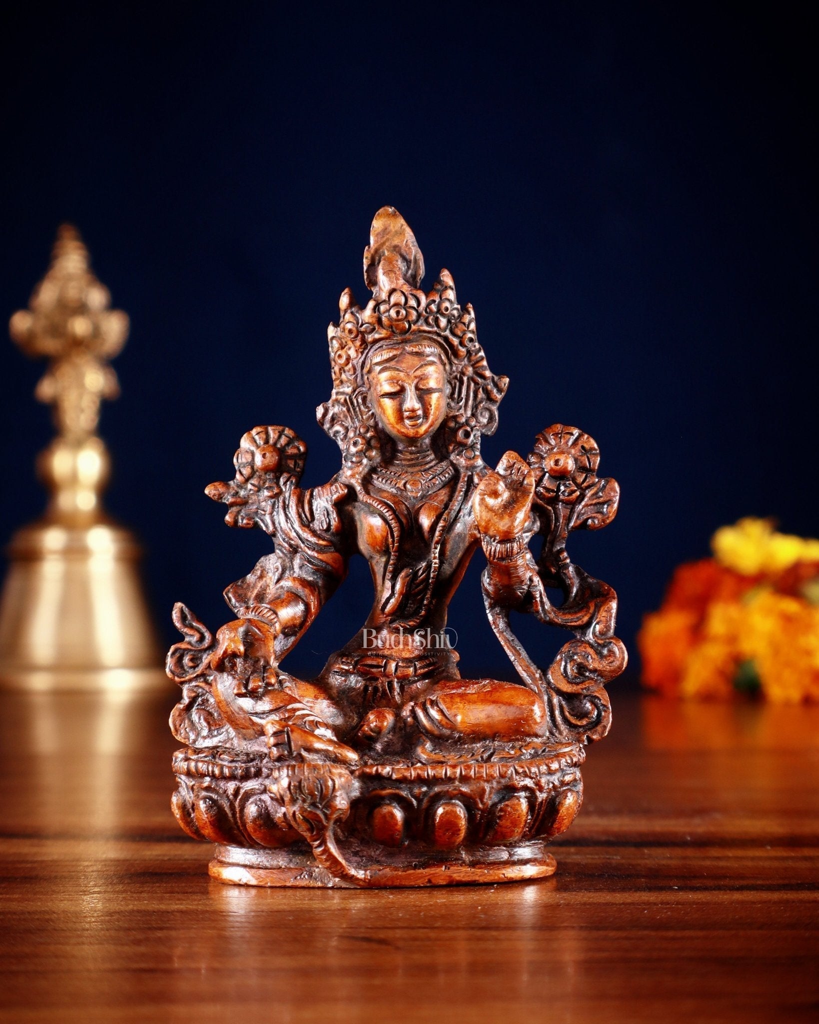 Brass Green tara devi statue 3" Tibetan red tone | 100% Certified Copper & Brass - Sama Homes Idol - Brass Sculpture - Eco-friendly - Sama Homes