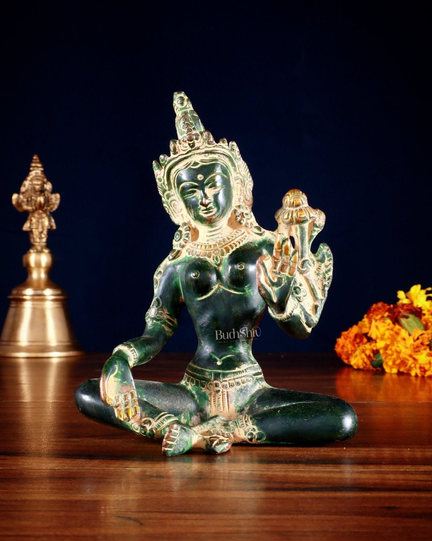 Brass Green Tara Statue – 5.5” (14 cm) | Agate green sand tone | 100% Certified Copper & Brass - Sama Homes Idol - Brass Sculpture