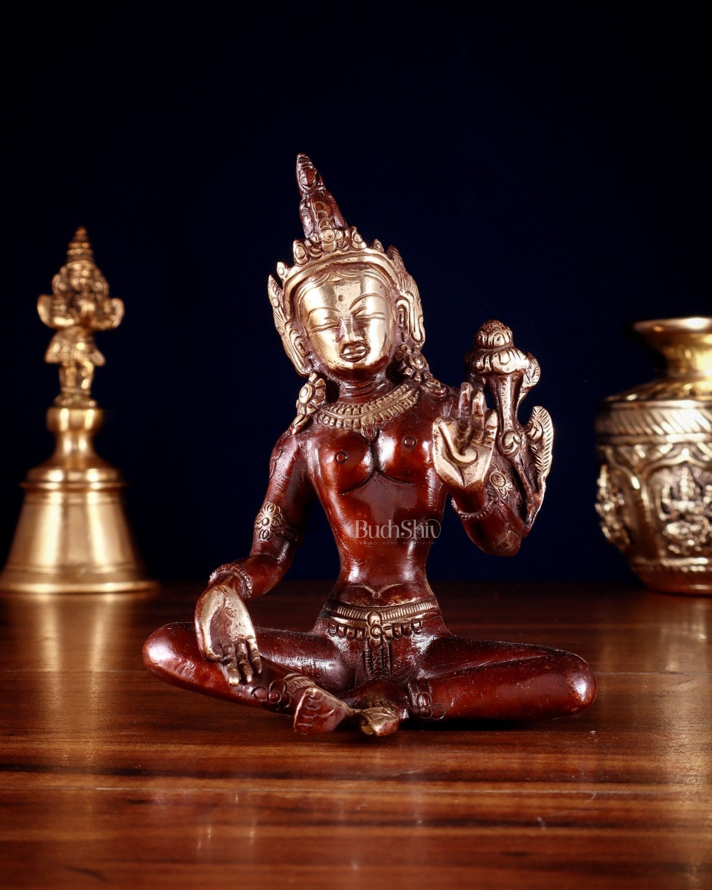 Brass Green Tara Statue – 5.5” (14 cm) | Double Tone Finish | 100% Certified Copper & Brass - Sama Homes Idol - Brass Sculpture