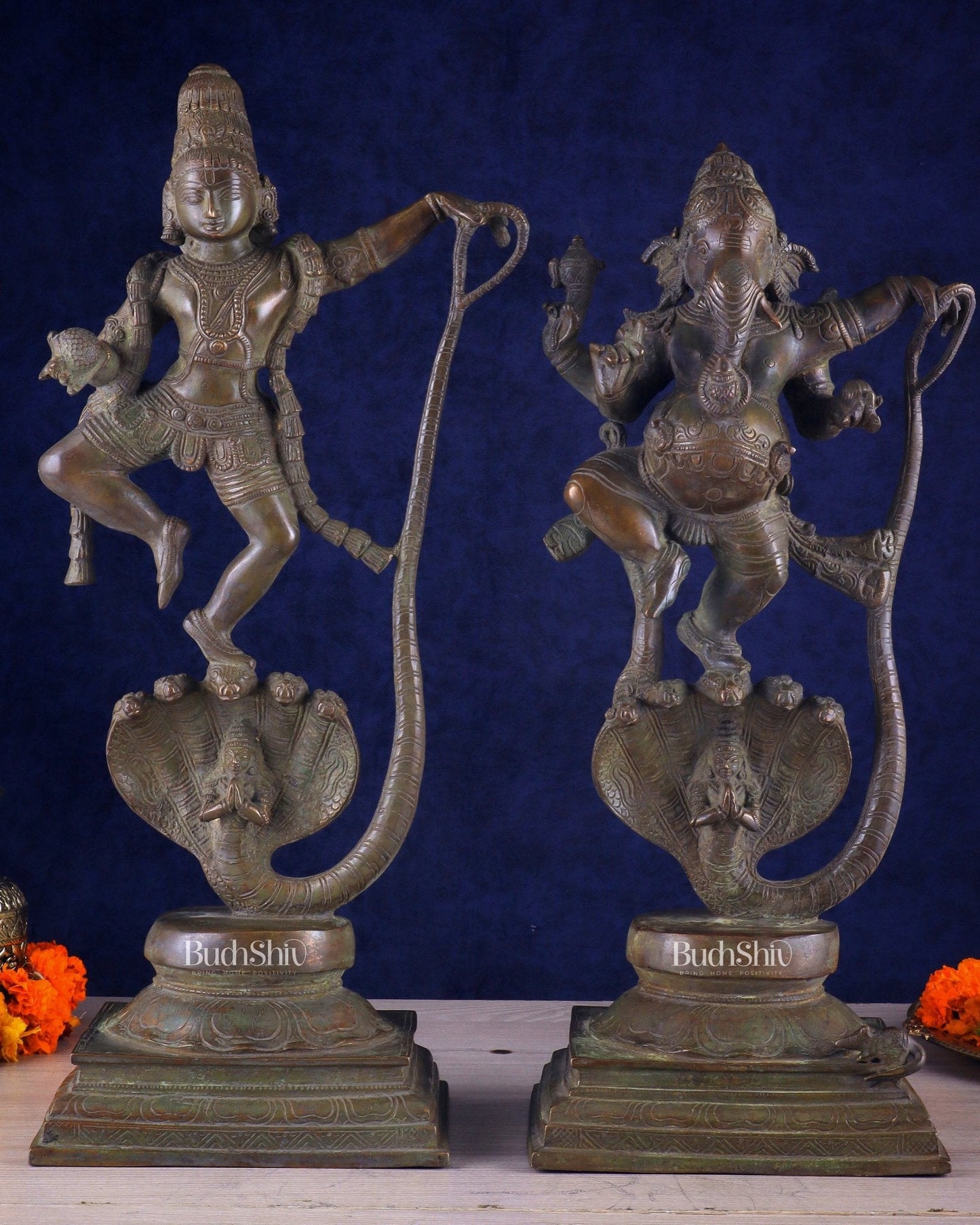 Brass Handcrafted Antique Bronze Finish Idols – Krishna and Ganesha Dancing on Vasuki Naag 20" | 100% Certified Copper & Brass - Sama Homes Idol - Brass Sculpture