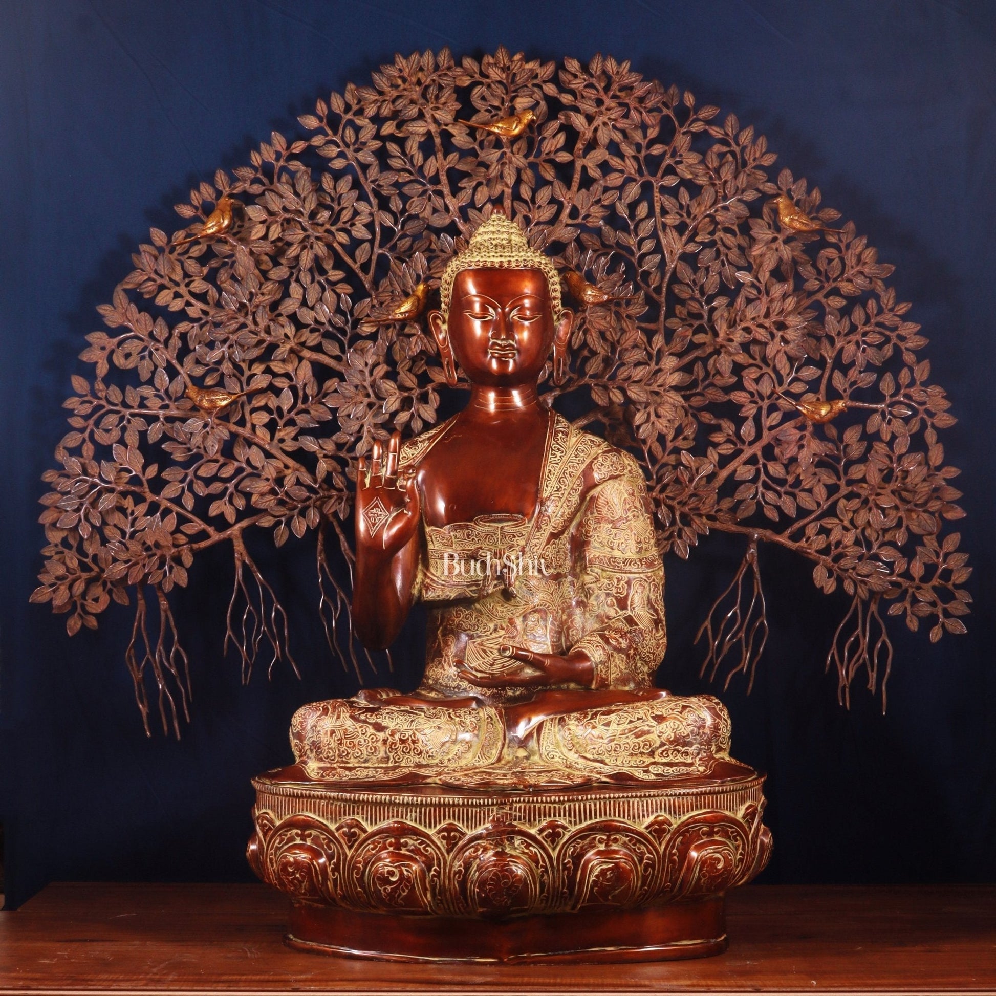 Brass Handcrafted Buddha Statue with Bodhi tree 43" copper and sand finish | 100% Certified Copper & Brass - Sama Homes Idol - Brass Sculpture - Eco-friendly - Sama Homes
