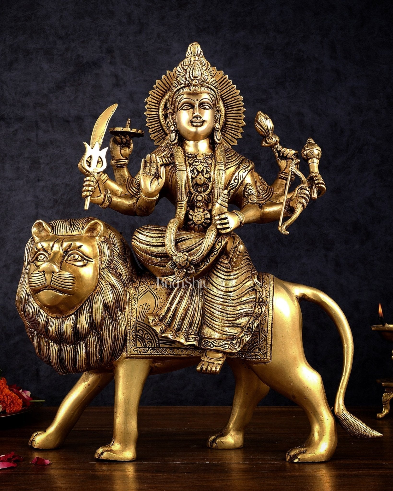 Brass Handcrafted Goddess Durga Statue – 17 Inches,  Intricate Sherawali Mata Murti | 100% Certified Copper & Brass - Sama Homes Idol - Brass Sculpture - Eco-friendly - Sama Homes