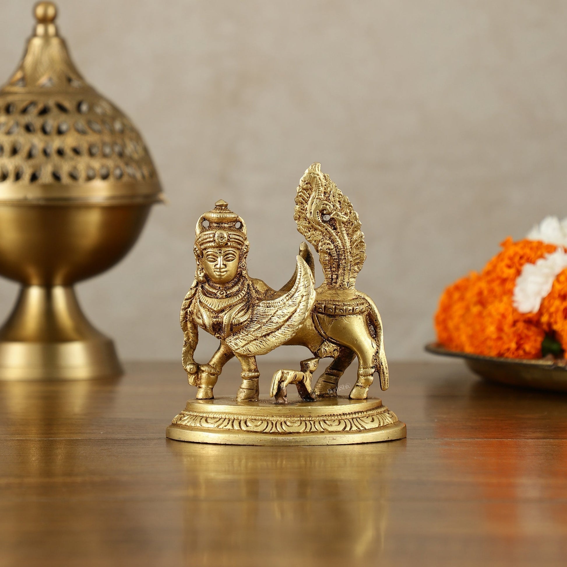 Brass Handcrafted Kamdhenu Cow with Calf Idol - Gold Finish, Divine Symbol of Abundance - Eco-friendly - Sama Homes