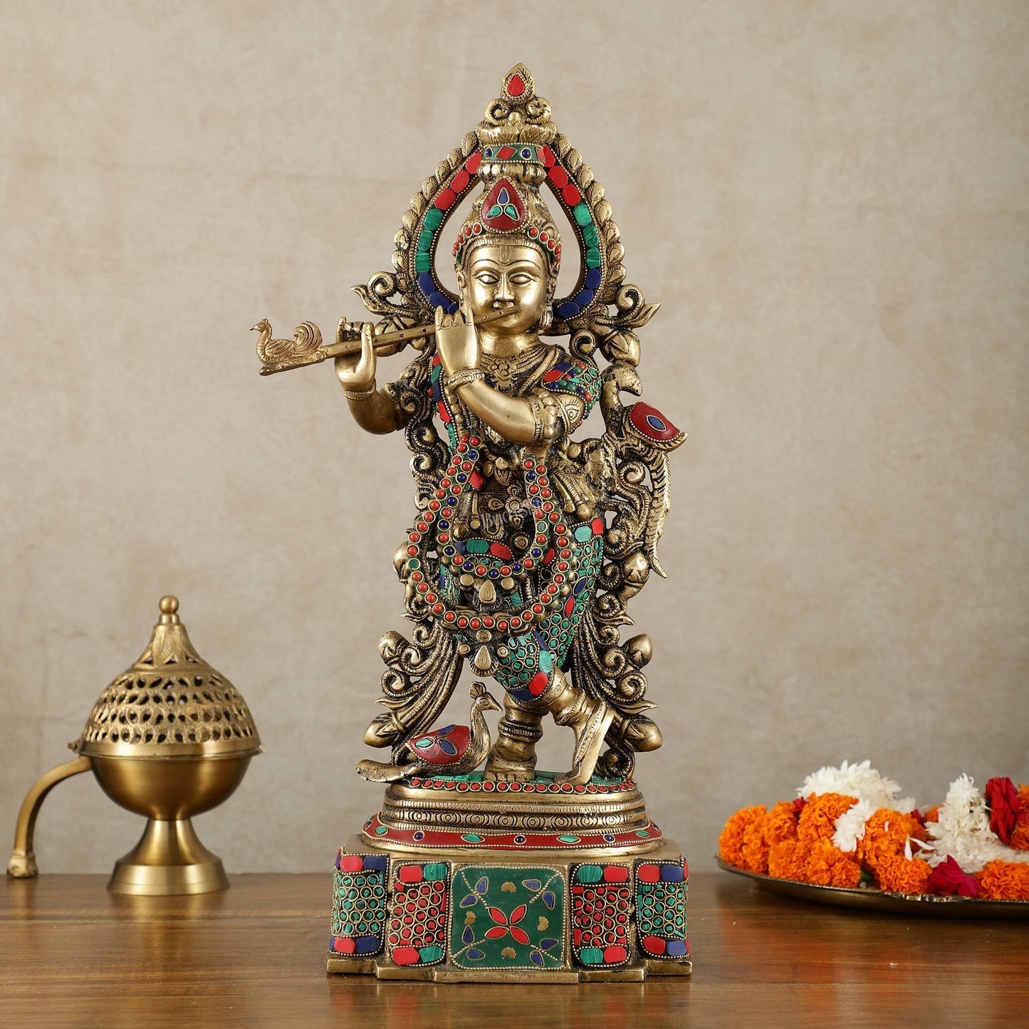 Brass Handcrafted Krishna Idol | Height 19 inch | 100% Certified Copper & Brass - Sama Homes Idol - Brass Sculpture