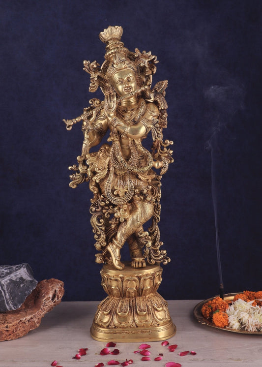 Brass Handcrafted Krishna Playing Flute Idol – 29 Inch | 18 kg | 100% Certified Copper & Brass - Sama Homes Idol - Brass Sculpture