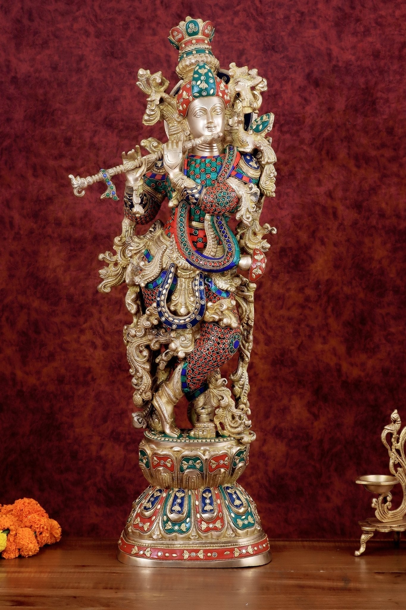 Brass Handcrafted Krishna Playing Flute Statue - 29" Tall | 100% Certified Copper & Brass - Sama Homes Idol - Brass Sculpture - Eco-friendly - Sama Homes