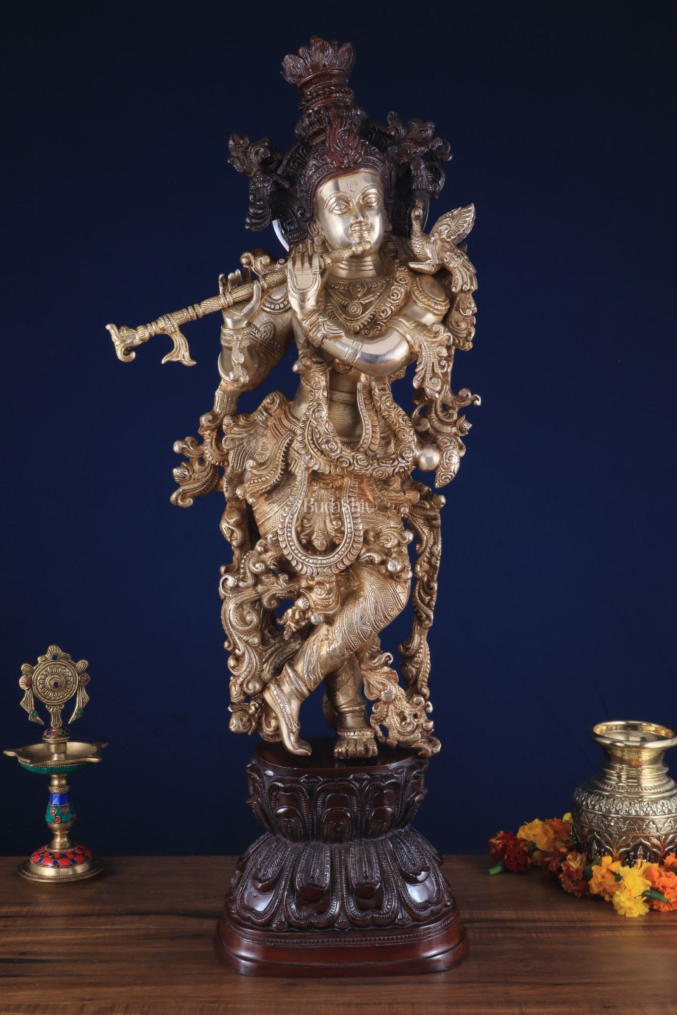 Brass Handcrafted Krishna Statue 30 inch dual tone | 100% Certified Copper & Brass - Sama Homes Idol - Brass Sculpture - Eco-friendly - Sama Homes